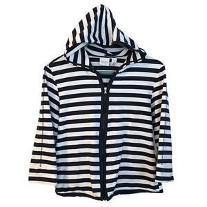 Weekends by Chico’s White & Navy Striped Zip Hoodie | Size 1 (M) | ¾ Sleeve